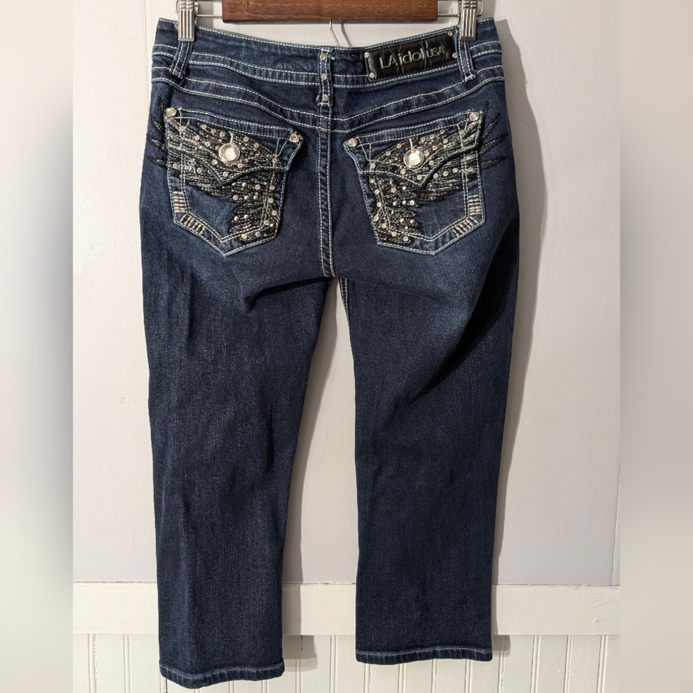 LA Idol USA Womens Capri Jeans Size 7 – Rhinestone Rose Bling Pocket